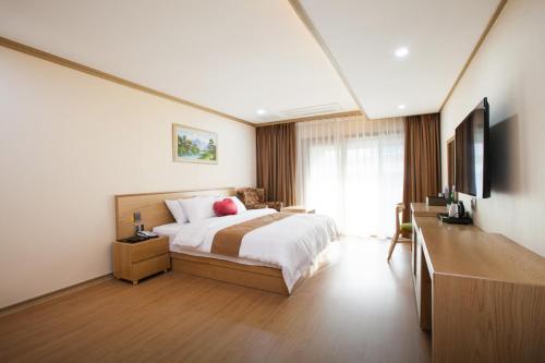 済州市にあるSH Nohyung Stayのベッドとテレビが備わるホテルルームです。