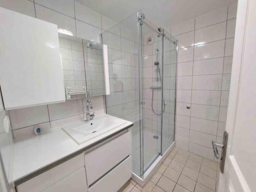 La salle de bains est pourvue d'un lavabo et d'une douche. dans l'établissement Modern one bedroom apartment in Cannes, à Cannes
