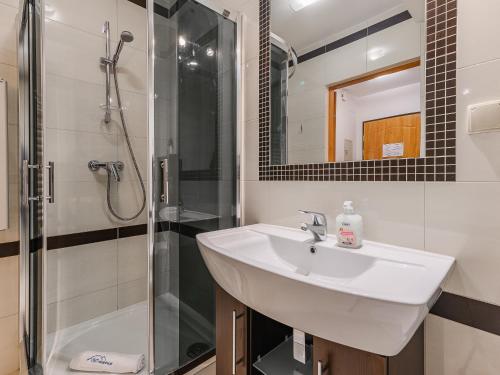 ザコパネにあるVisitZakopane - Marmot Apartmentのバスルーム(シンク、シャワー付)