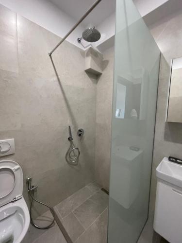 a bathroom with a shower and a toilet at Hotel Kroi near castle entrance castle and town view in Krujë