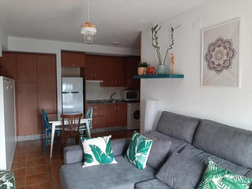 萊魯埃拉的住宿－Peña del Castillo，带沙发的客厅和厨房