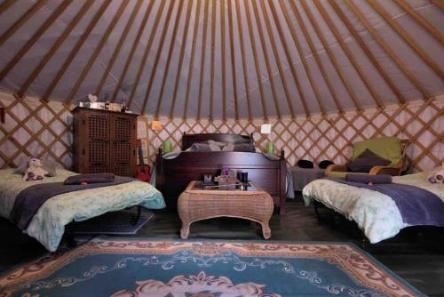 a yurt with two beds and a table in it at Magical Forest yurt in Sturry