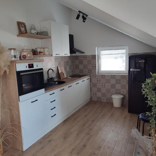 a kitchen with white cabinets and a black refrigerator at Stan na dan Jungle in Bajina Bašta