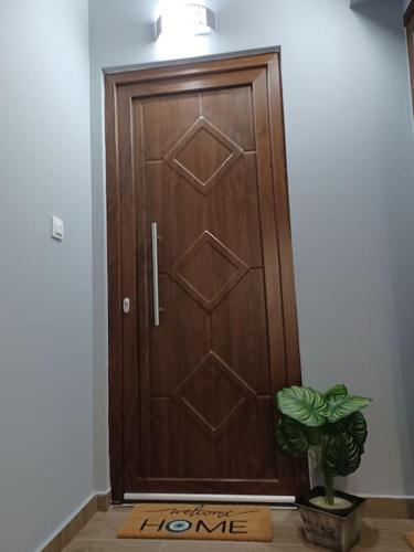 a wooden door with a potted plant in front of it at Luxury Apartment with balcony in Mytilini