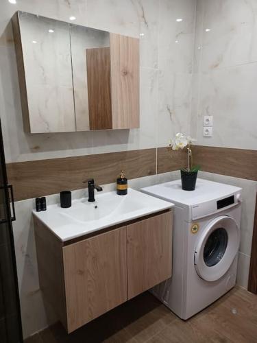 a bathroom with a sink and a washing machine at Luxury Apartment with balcony in Mytilini