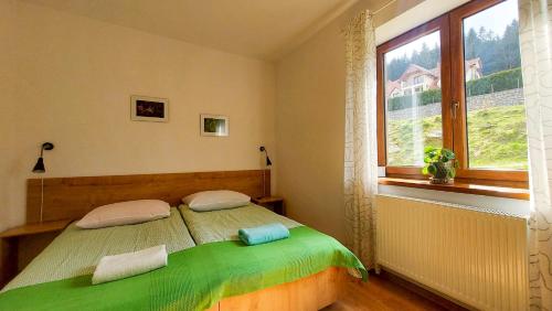 1 dormitorio con cama verde y ventana en Willa Rudy en Stronie Śląskie