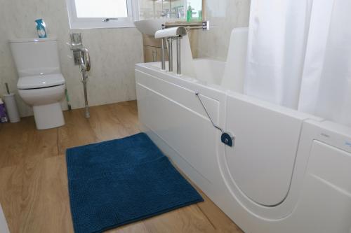 baño con aseo y alfombra azul en Barr Hill Woods B&B, en Kirkcudbright