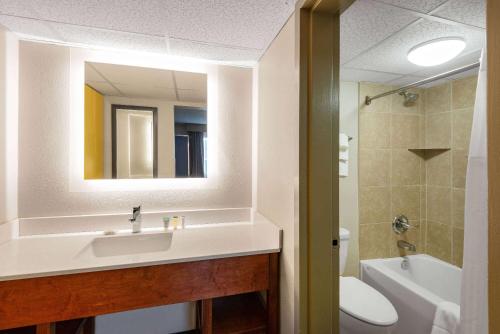 a bathroom with a sink and a toilet and a mirror at Days Inn by Wyndham Charlottesville/University Area in Charlottesville
