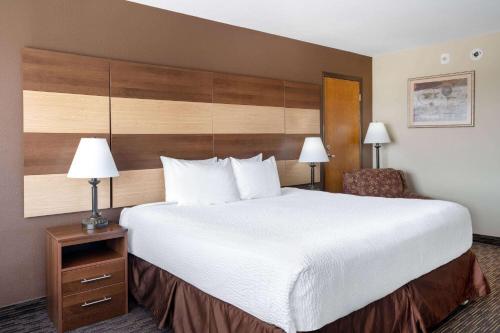 a hotel room with a large bed and a chair at AmericInn by Wyndham Cedar Rapids North in Cedar Rapids