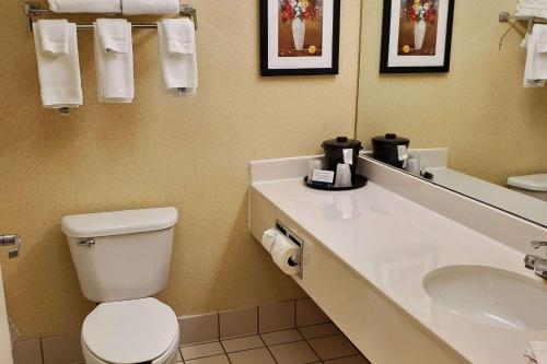 a bathroom with a toilet and a sink and a mirror at Wingate by Wyndham Uniontown in Uniontown