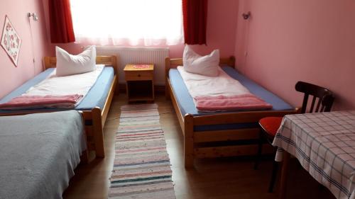 a small room with two beds and a window at Pensiunea Shalom in Sîncraiu