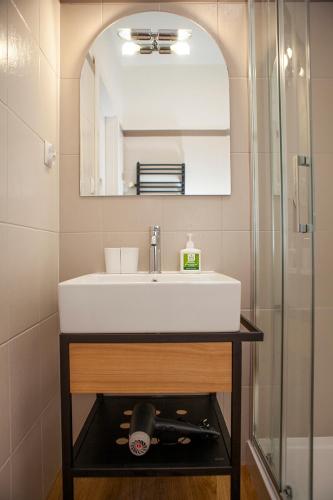 a bathroom with a sink and a mirror at Apartamenty Jeziorna 40 in Charzykowy