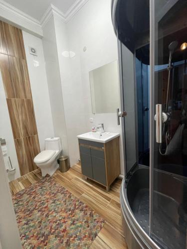 La salle de bains est pourvue de toilettes, d'un lavabo et d'une douche. dans l'établissement Гостиница Amulet, à Taraz