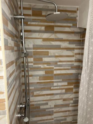 La salle de bains est pourvue d'une douche et d'un mur en pierre. dans l'établissement STUDIO CASSIS, à Cassis