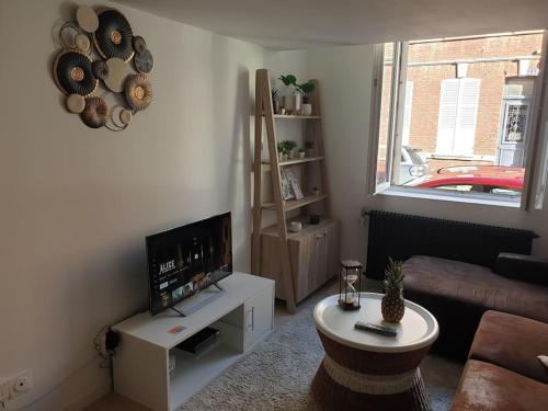 een woonkamer met een bank en een tv bij Marron 5 stars appartement in Amiens