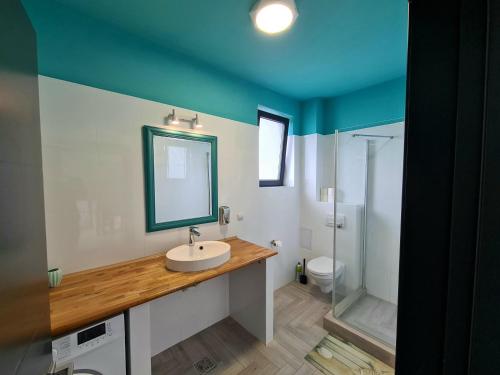 北瑪麥亞–納沃達里的住宿－Mamaia Nord Residence，一间带水槽、镜子和淋浴的浴室