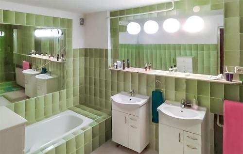 uma casa de banho verde com 2 lavatórios e uma banheira em Awesome Home In Lukowo With House A Panoramic View 