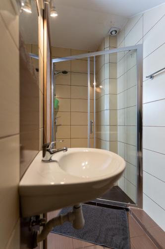 a bathroom with a sink and a shower at KEJB Chałupy in Chałupy