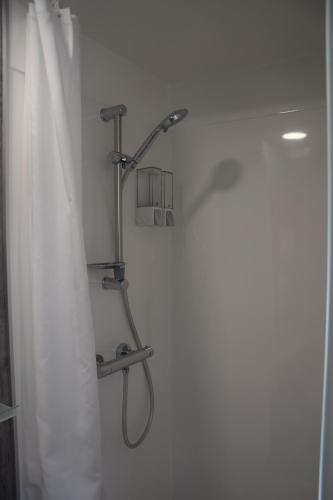 a shower in a bathroom with a shower curtain at Tiny House in ruhiger Lage 