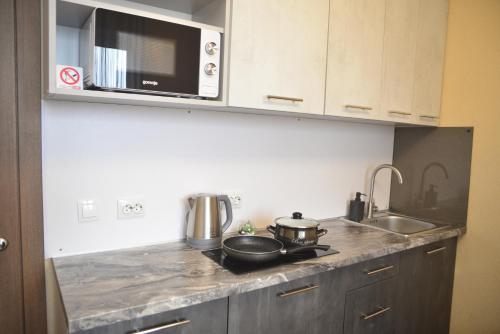 a kitchen counter with two pots and pans on a stove at Revutskogo 54 метро Харьковская, Позняки, Квартира з видом на озеро in Kyiv