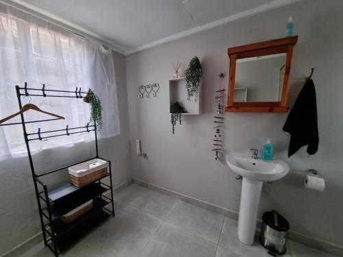 a bathroom with a sink and a mirror at Riebeeck Cottage in Potchefstroom