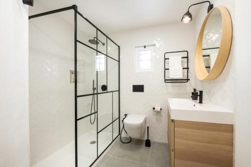 a bathroom with a shower and a toilet and a sink at Casa Boaz in Carvoeiro