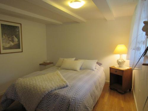 1 dormitorio con 1 cama y 1 mesa con lámpara en Gîte Le Vigneron, en Donnenheim
