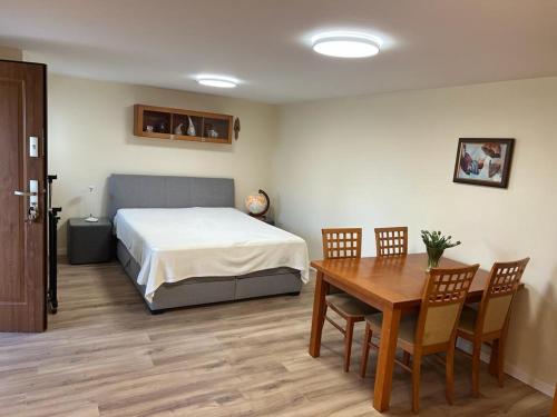 Schlafzimmer mit einem Bett, einem Tisch und Stühlen in der Unterkunft Winnica pod Skrzydłami in Santok