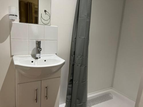 a bathroom with a sink and a shower at Preston Room Let in Yeovil