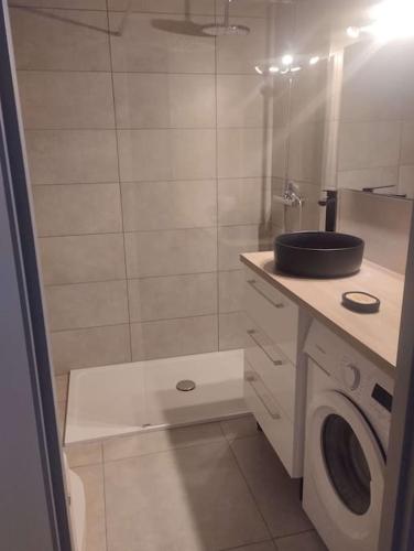 une salle de bain avec un lavabo et une machine à laver dans l'établissement Calvi duplex climatisé vue mer 4 pers, à Calvi