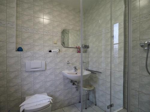 a bathroom with a shower and a sink and a toilet at Mensendiek, Anita, App in Zingst