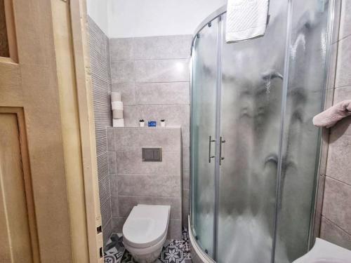 y baño con ducha y aseo. en Dalmatian Apartment in the City Center en Split