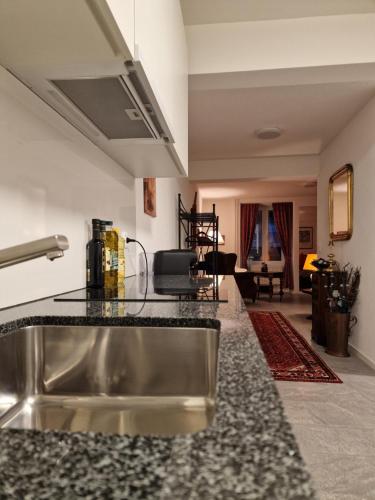 a kitchen with a sink and a living room at Bastis Luxury Studios - Free Parking in Lucerne