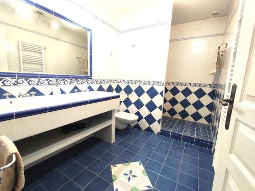La salle de bains est pourvue d'un lavabo, de toilettes et d'un miroir. dans l'établissement Gite le Mas Clémentine Le Bleuet, à Saint-Julien-du-Serre