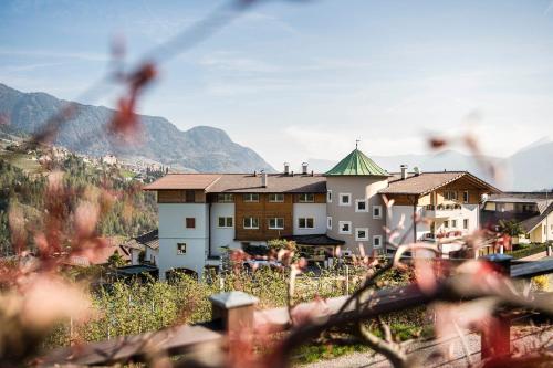 a view of a building with a mountain in the background at Hotel Zirmerhof & Residence in Rifiano