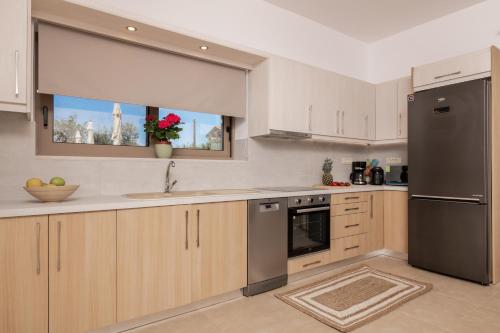 a kitchen with stainless steel appliances and a window at Claudio Stone House in Vasilikos