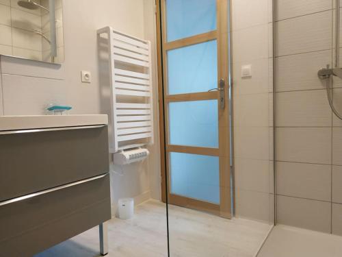 a bathroom with a shower and a glass door at Grand studio, tout équipé et rénové. in Combrit