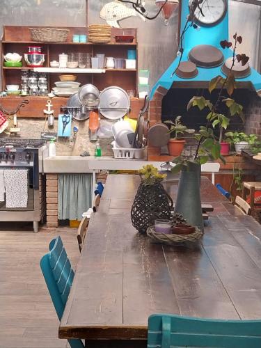 a kitchen with a wooden table with plants on it at VILLA VILLACOLLE in Procchio