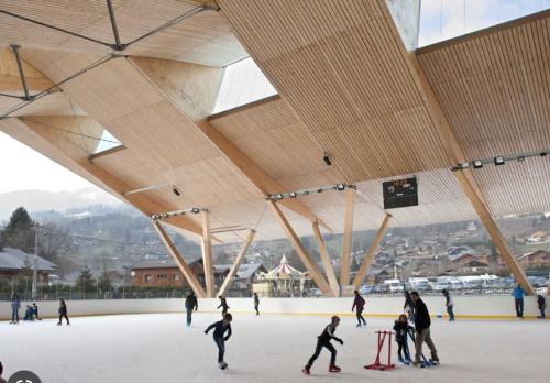 a group of people skating on an ice rink at Bungalow 3 chambres pour 6 pers avec Climatisation Camping 3 etoiles in Samoëns