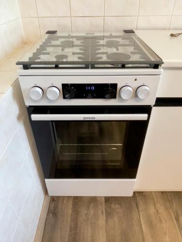 a stove top oven sitting in a kitchen at Pension U Babi in Chrášťany