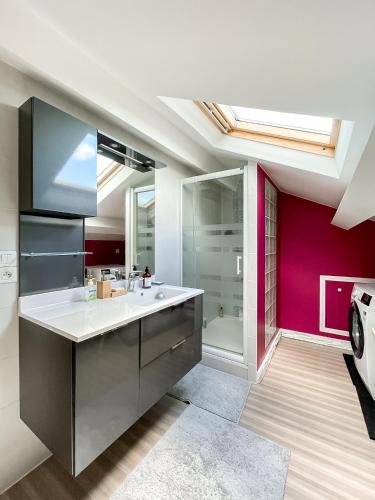 La salle de bains est pourvue d'un lavabo blanc et d'un mur rouge. dans l'établissement A1 Champagne Loft - 105 m2 6 personnes - Place de la République - Châlons en Champagne, à Châlons-en-Champagne