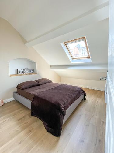 une chambre avec un grand lit avec une lucarne dans l'établissement A1 Champagne Loft - 105 m2 6 personnes - Place de la République - Châlons en Champagne, à Châlons-en-Champagne