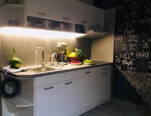 a kitchen with white cabinets and a sink at Apartmán s terasou a výhledem na jezero Lipno in Kovářov