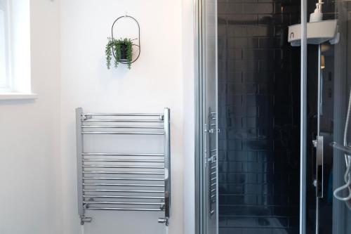 een douche met een glazen deur met een plant aan de muur bij BIG Monthly DIS, Central, Modern, 2bed APT, Sleeps up to 5 in Swindon