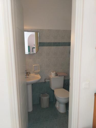 La salle de bains est pourvue de toilettes, d'un lavabo et d'un miroir. dans l'établissement Panoramic View, à Ágios Prokópios