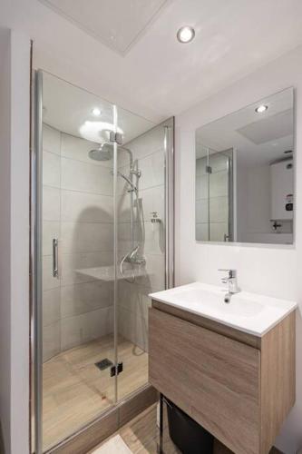une salle de bain avec une douche en verre et un lavabo dans l'établissement Le cocon stéphanois - Résidence Hestia, à Saint-Étienne