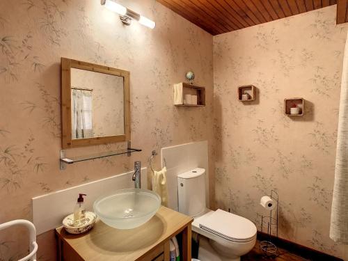 a bathroom with a sink and a toilet and a mirror at Ferme Gascone proche Marciac in Bars