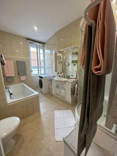 une salle de bain avec une baignoire, des toilettes et un lavabo dans l'établissement Maison près de la ville, à Saint-Étienne-au-Mont