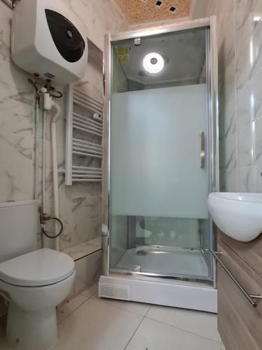 une salle de bain avec une douche, des toilettes et un lavabo dans l'établissement Jolie appartement avec 2 chambres partagées, à Paris