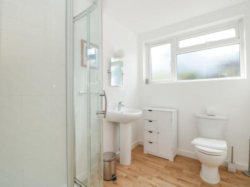 een witte badkamer met een toilet en een wastafel bij 2 North Furzeham Road in Brixham